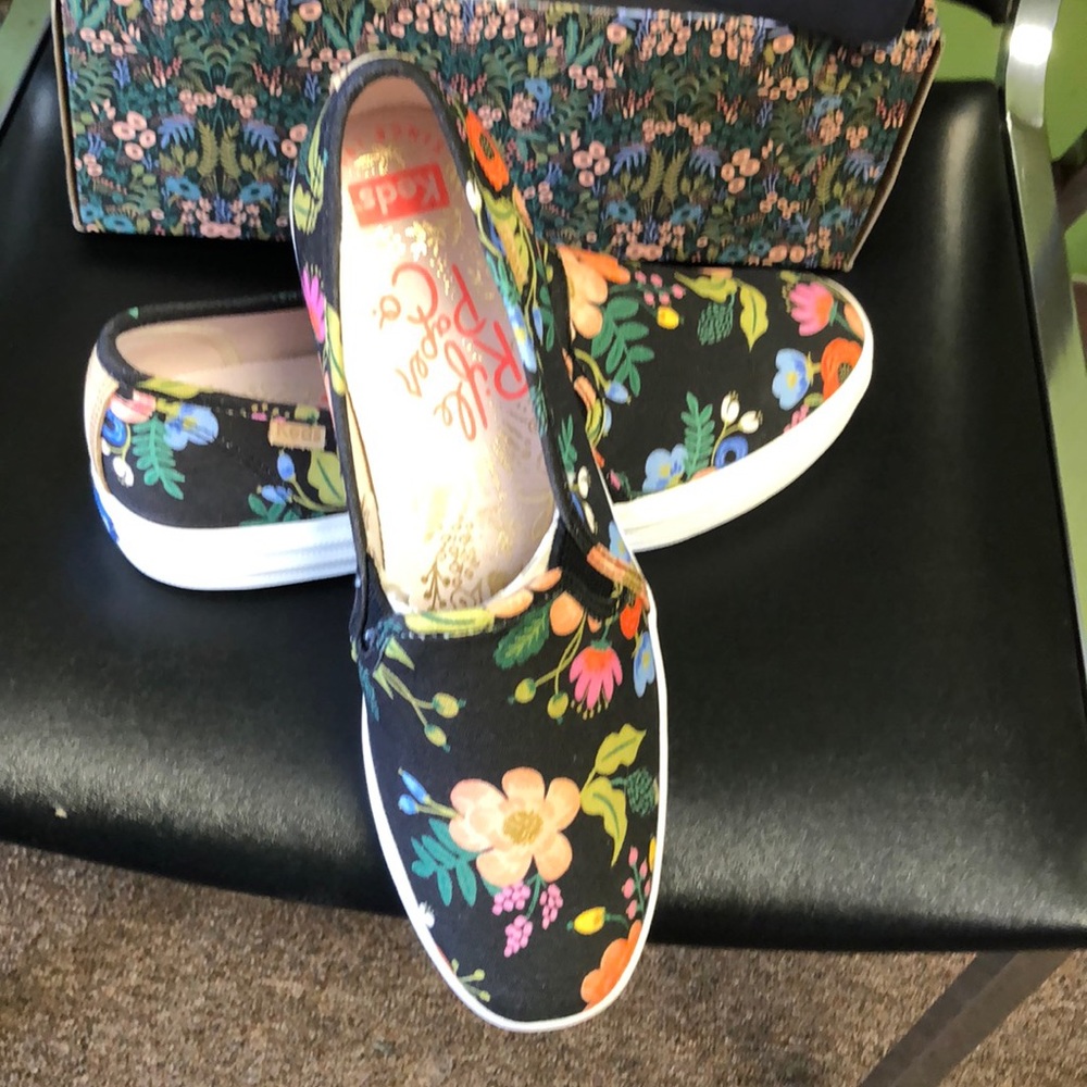 Keds Rifle Paper Co Black Floral Tripple Decker Slip on Shoes Size 8.5